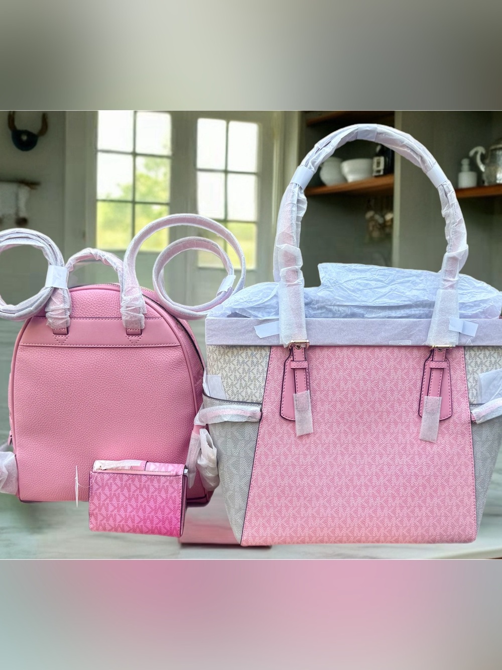 Michael Kors Pink Logo Tote, Embossed Backpack & Trifold Wallet Set - Picture 2 of 14